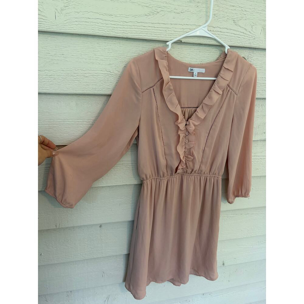 DR2 Blush Pink Ruffle Front Long Sleeve Dress XS Romantic Boho Mini Dress - Picture 4 of 9